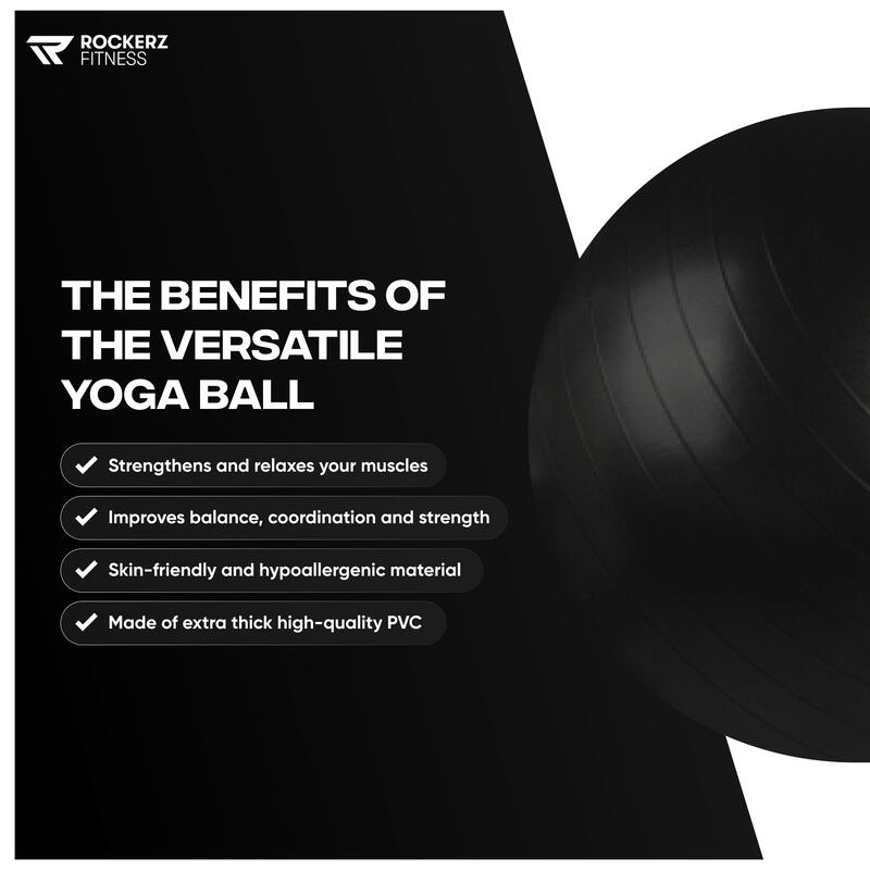Ballon de yoga avec pompe - Ballon de Pilates - Ballon de fitness - 65cm - Noir