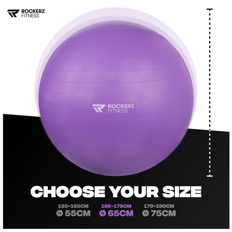 Ballon de yoga avec pompe - Ballon de Pilates - Ballon de fitness - 65cm- Violet