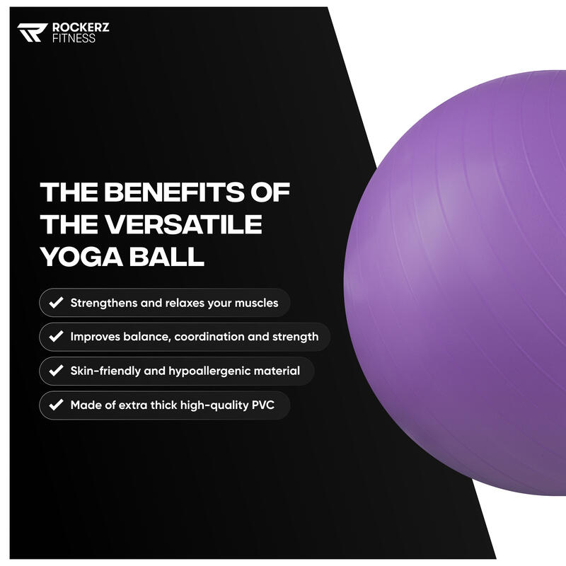 Ballon de yoga avec pompe - Ballon de Pilates - Ballon de fitness - 65cm- Violet