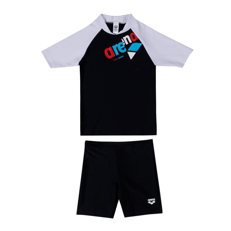 KIDS SWIMWEAR COLOR RUN SHORT SLEEVE SUN PROTECTION SET - BLACK