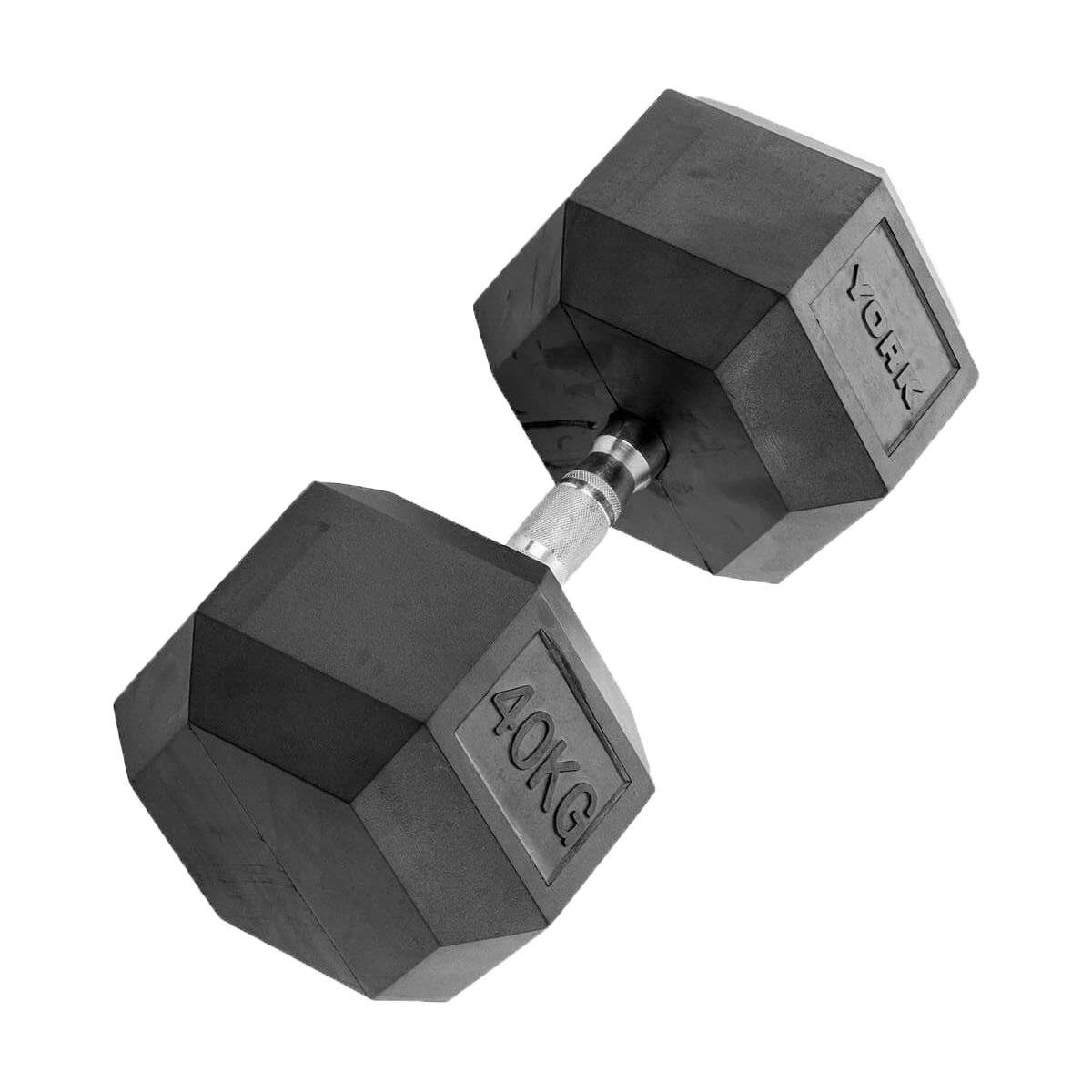 40kg Commercial Rubber Hex Dumbbell Weights YORK BARBELL Decathlon