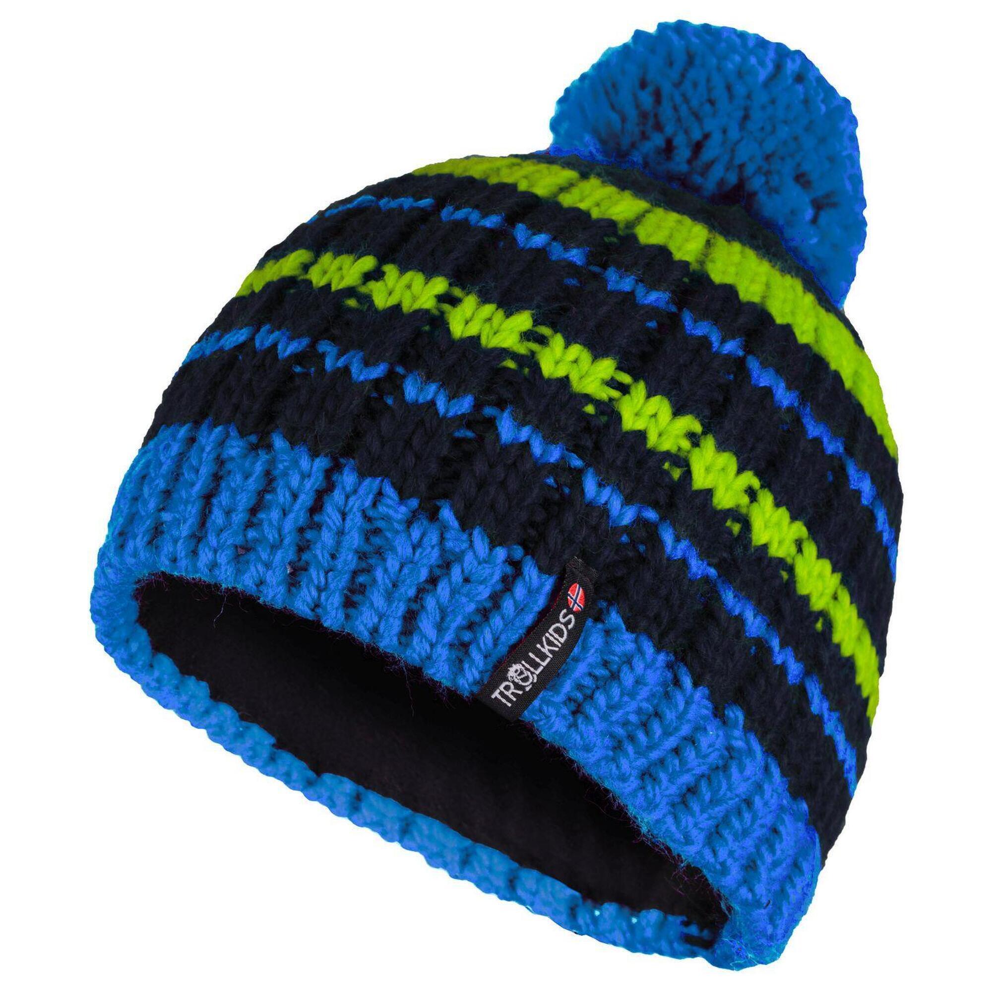TROLLKIDS Kinder Bommelmütze Hafjell Nachtblau/Vivid-Blau/Limegrün