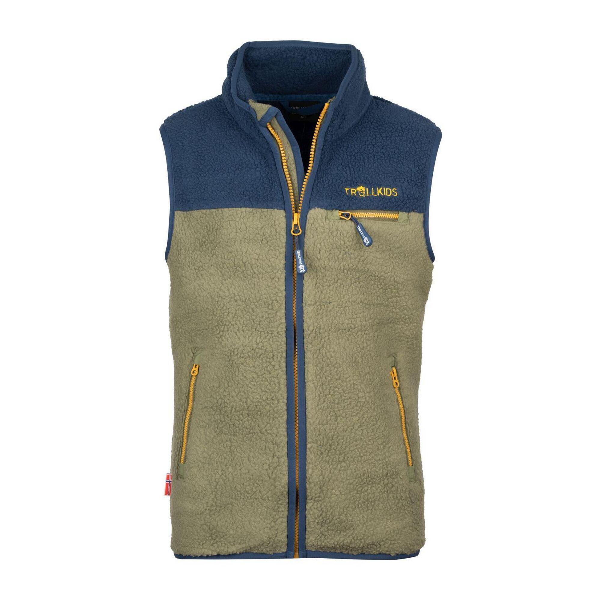 TROLLKIDS Kinder Fleeceweste Hemsedal Moos/Mystikblau/Goldgelb
