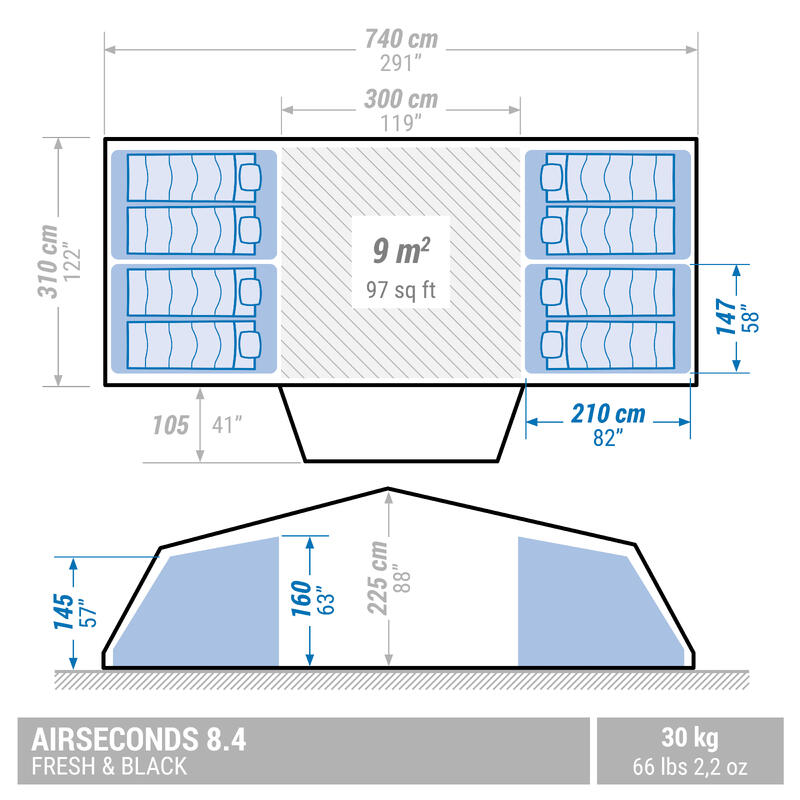 Tweedehands Kampeertent 8 personen Air Seconds 8.4F&B opblaasbaar 4 slaapruimtes