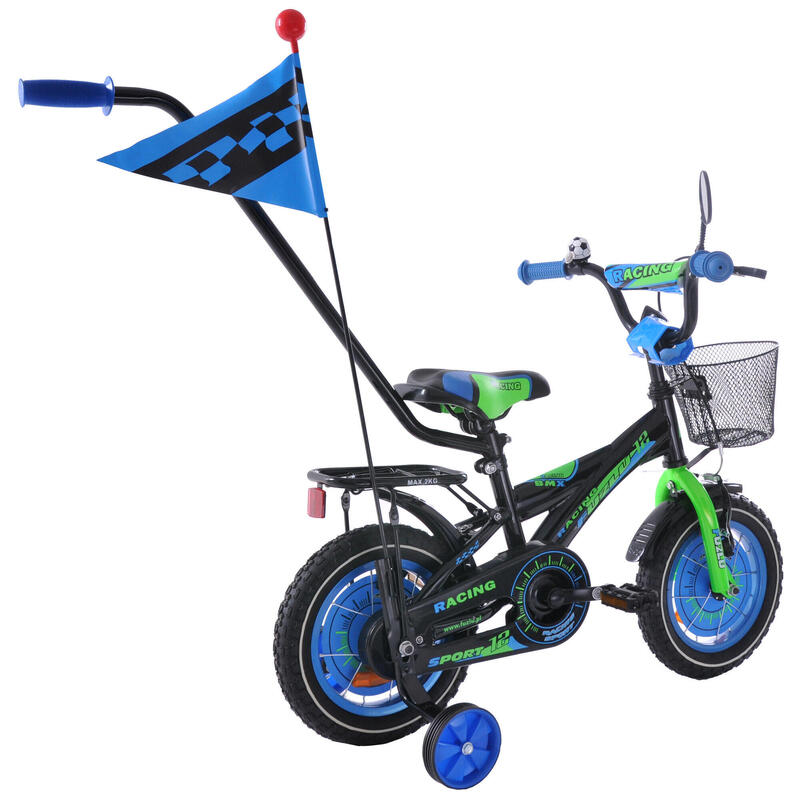 Rower dziecięcy 12" Fuzlu Racing czarno-niebiesko-zielony