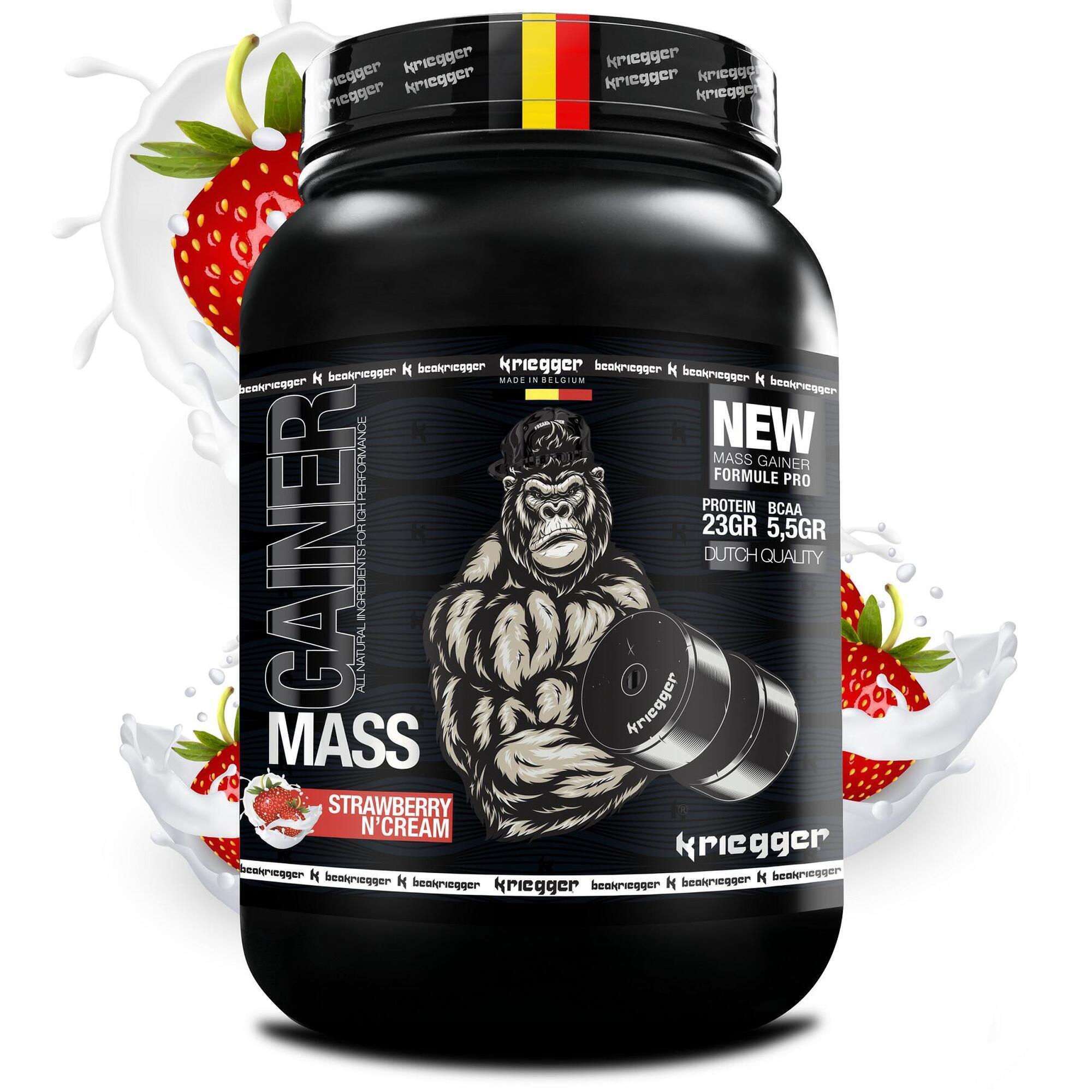 KRIEGGER SPORT NUTRITION Gainer Body Weight echt eiwit aardbei en room smaak 3000Gr