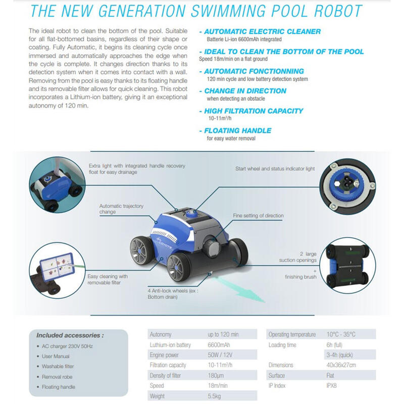 Robot de piscine - 100% autonome et sans fil - batterie Li-ion intégrée de 6600