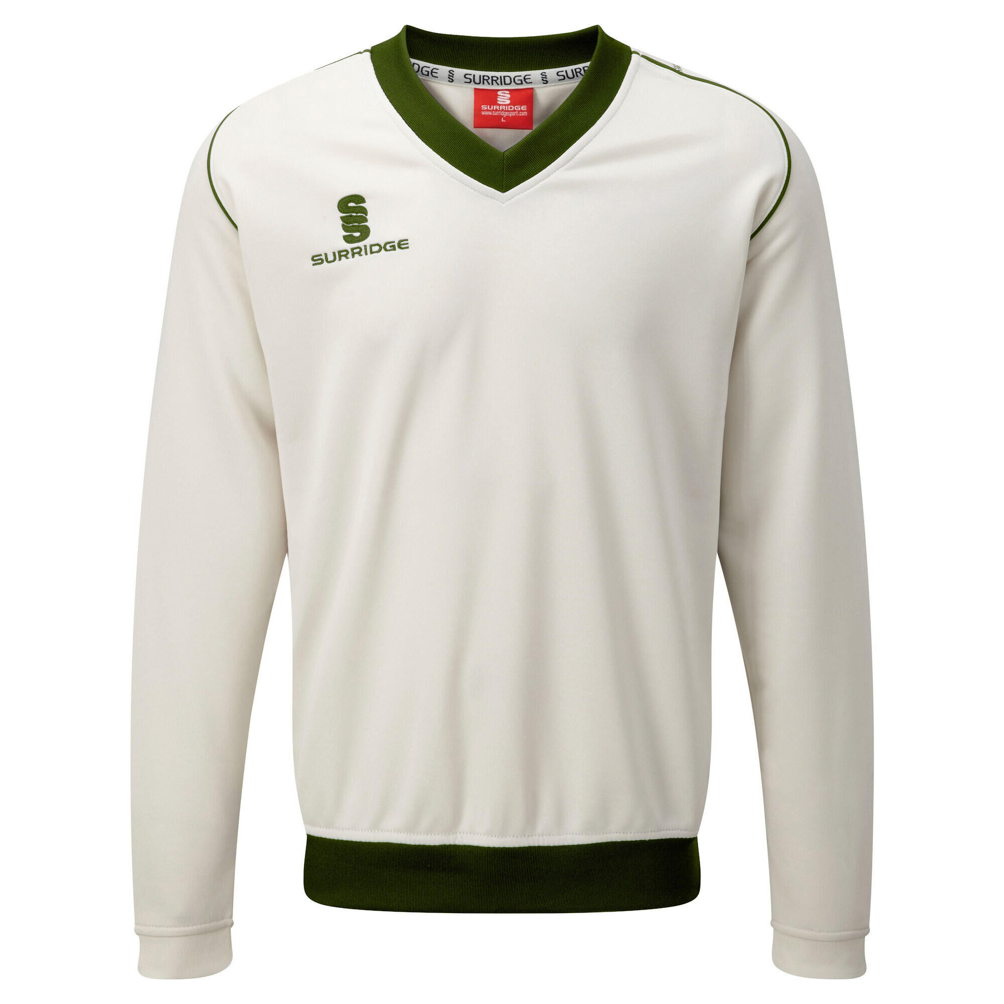 SURRIDGE Mens Fleece Lined Sweater / Sports / Cricket (White/ Green trim)