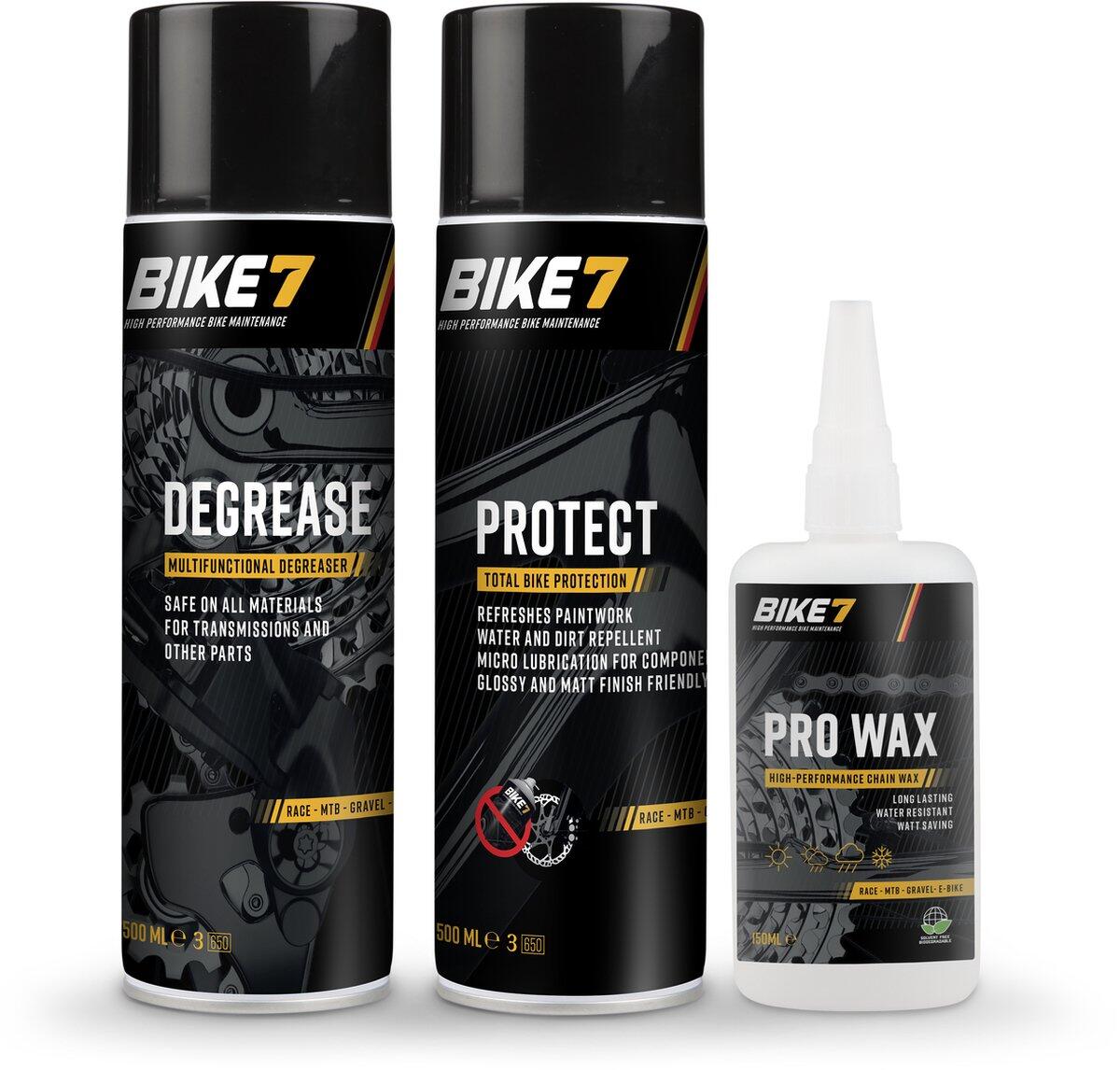 BIKE7 Fahrrad Reinigungsset Degrease 500 ml + Protect 500ml + Pro Wax 150ml