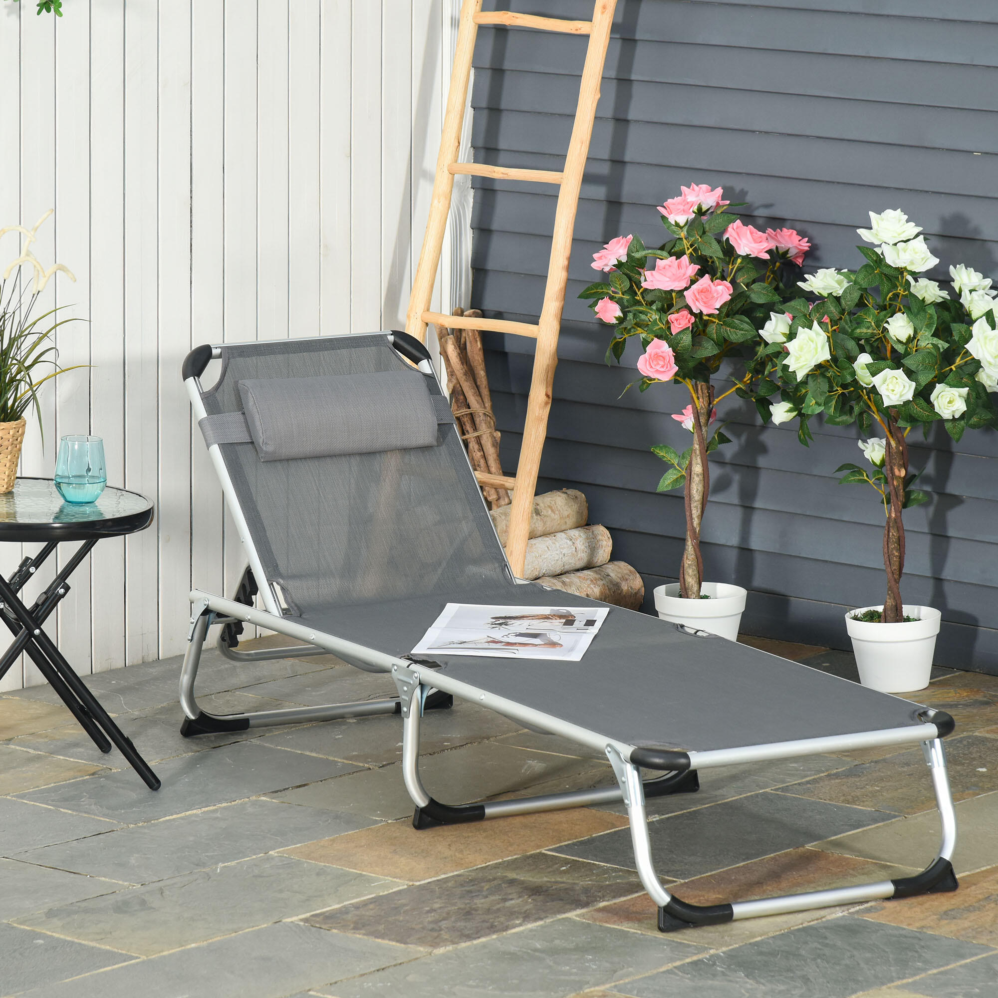 Tumbona Plegable Outsunny 165x60x76 cm Gris 2/7