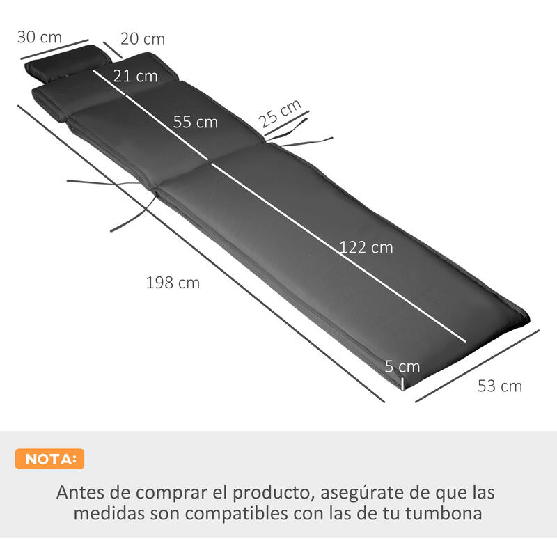 Cojín para Tumbona de Exterior Outsunny 198x53x5 cm Gris