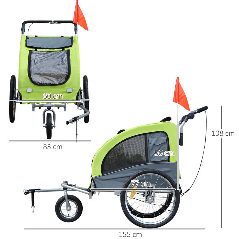 Remolque Bicicleta de Perros PawHut 155x83x108 cm Verde, Gris