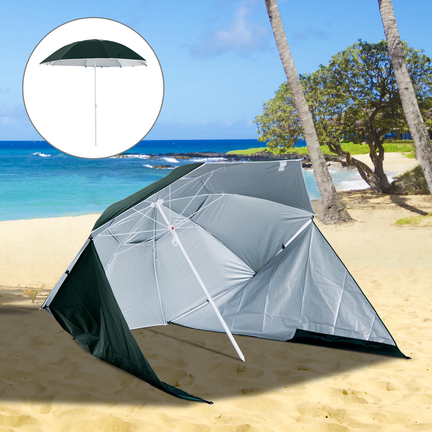 Guarda-Sol de Praia Outsunny com revestimento UV50 Φ210x222 cm Verde escuro 2/5