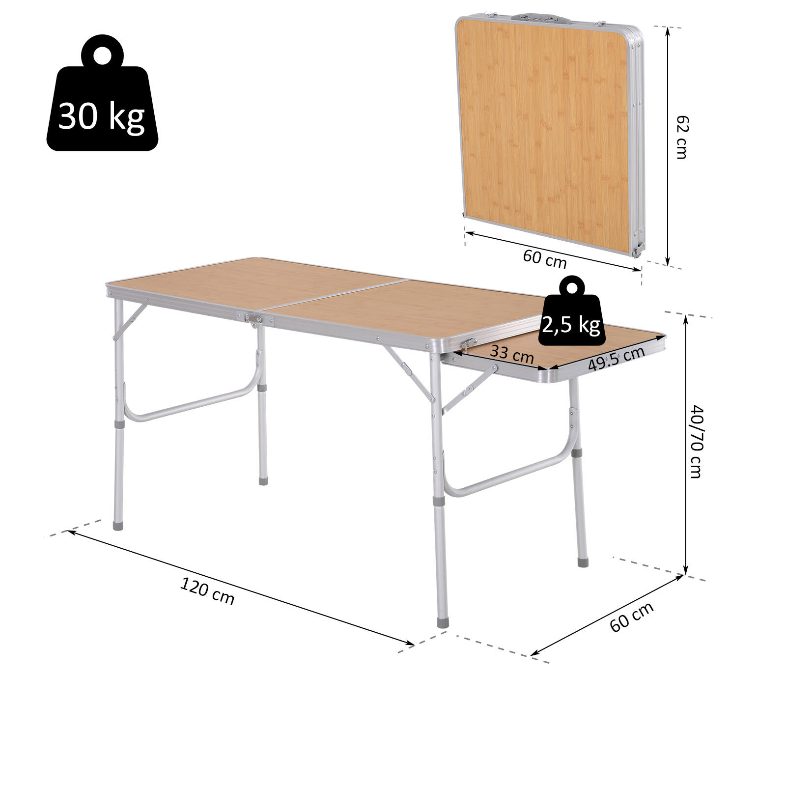 Mesa Plegable de Camping Outsunny 153x60x70 cm Natural Bambú Color 3/7
