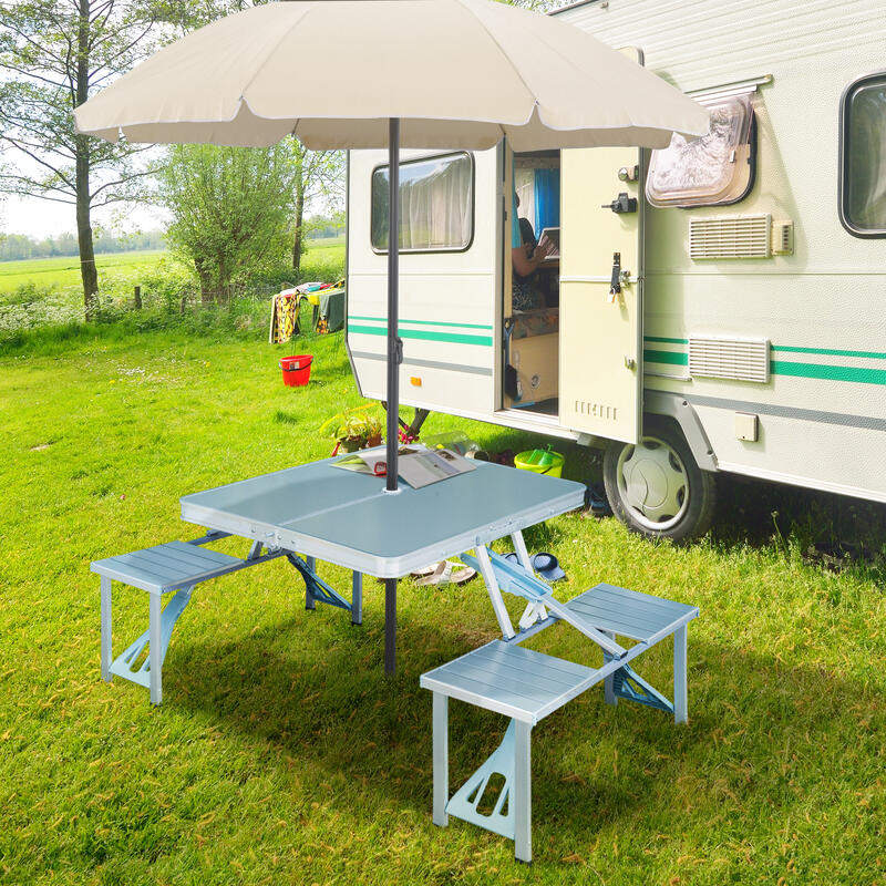 Juego de mesa de picnic plegable portátil, mesa plegable ligera con sillas,  mesa de camping con agujero para paraguas, mesa y silla de una pieza, mesa