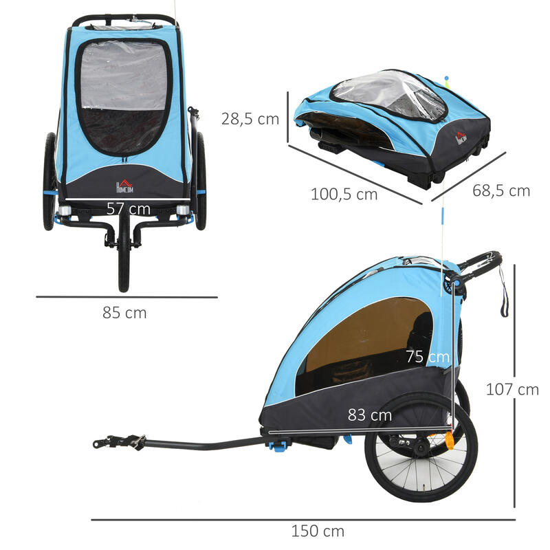 Reboque de Bicicleta Criança 2 Lugares 150x85x107cm Azul e Preto HOMCOM