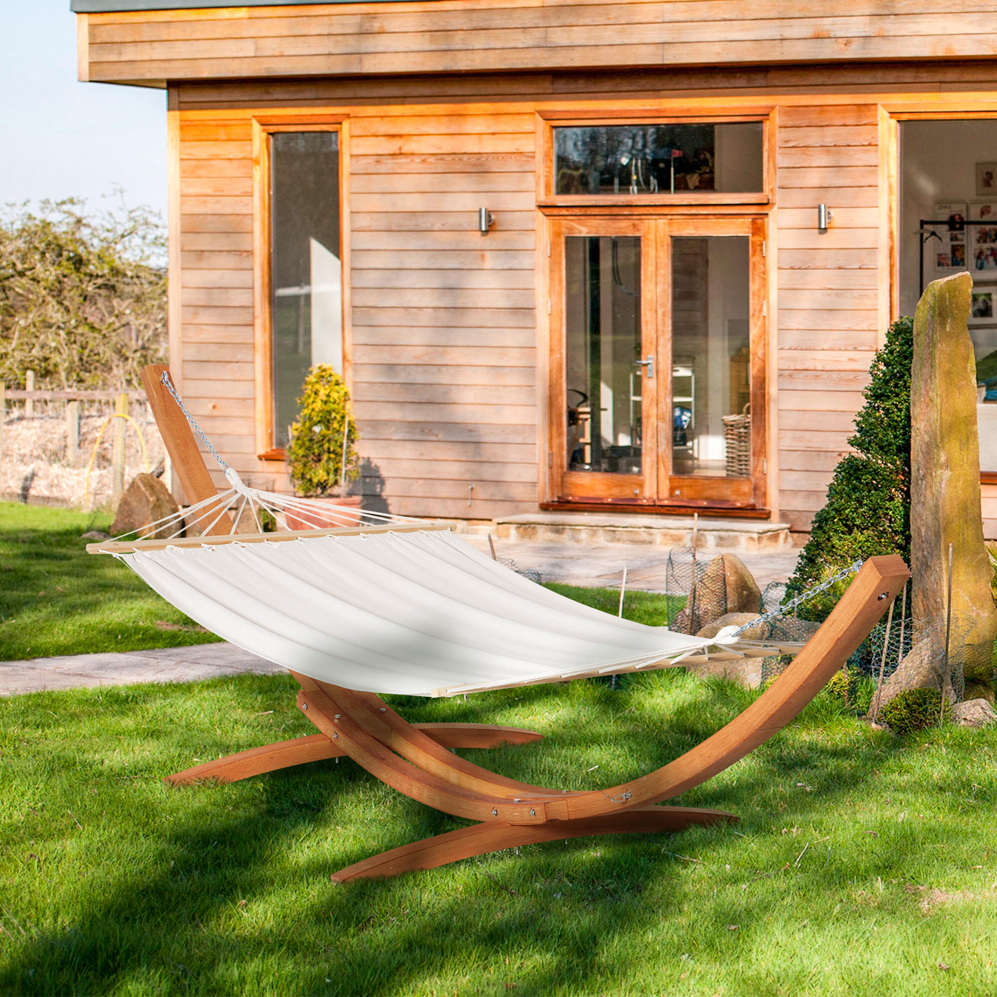 Outsunny Amaca con Supporto in Legno di Pino e Cotone per Giardino Bianca 2/7