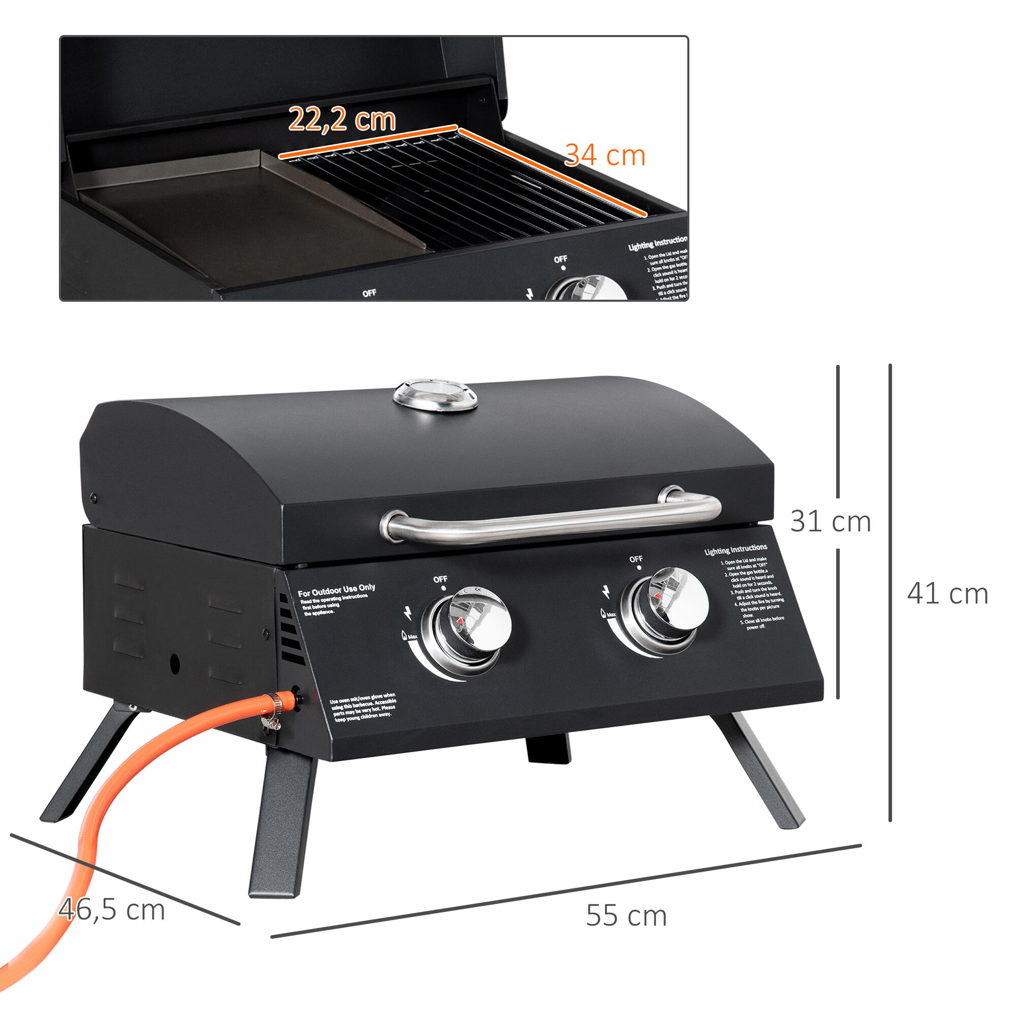 Barbacoa de Mesa a Gas Outsunny 55x46.5x41 cm Negro 3/5