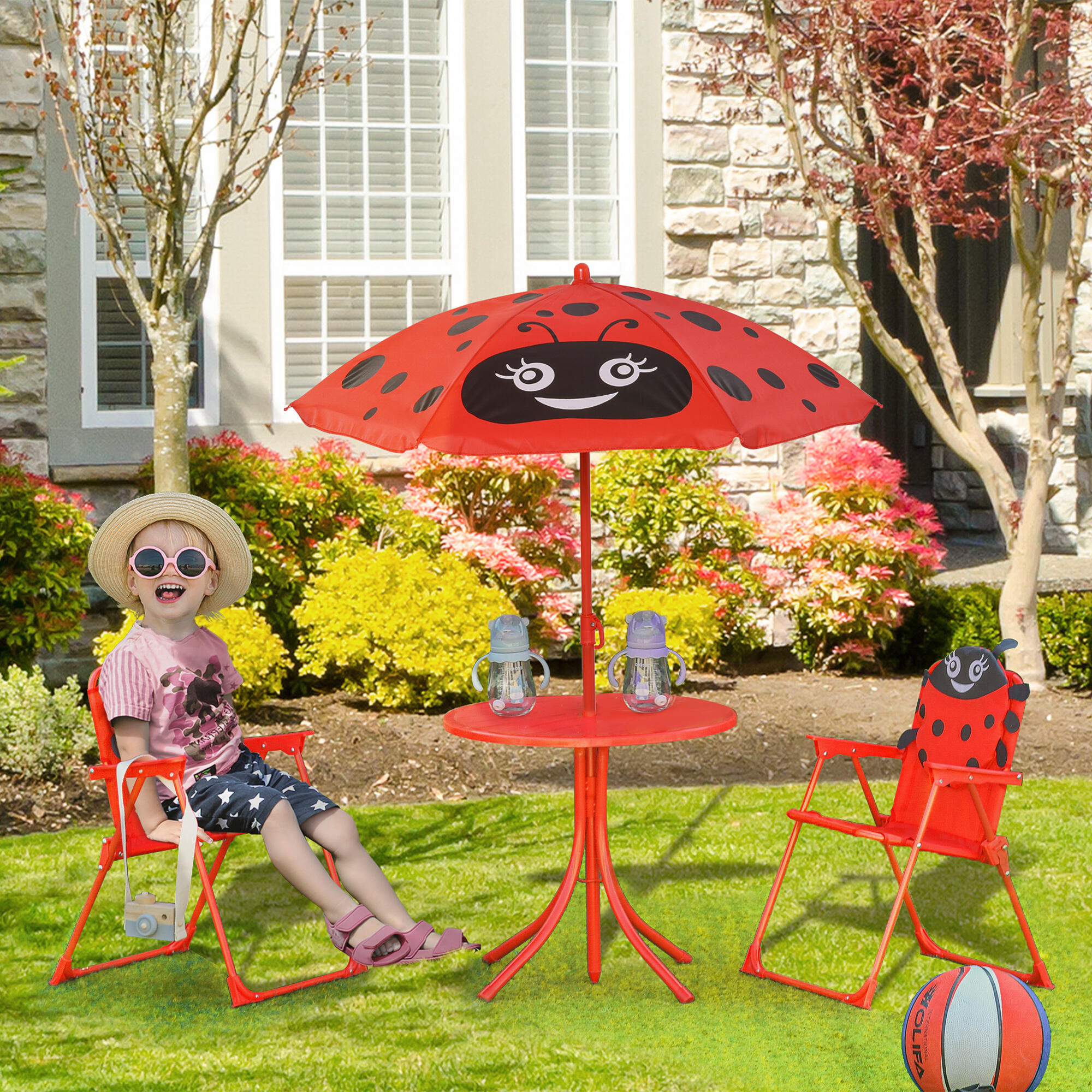 Outsunny Set Tavolo da Esterno con 2 Sedie Pieghevoli e Ombrellone per Bambini 2/7