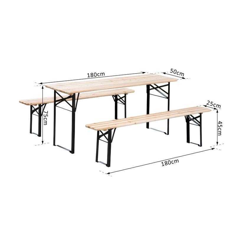 Mesa Campismo com Bancos 180x50x75cm Preto e Madeira Outsunny