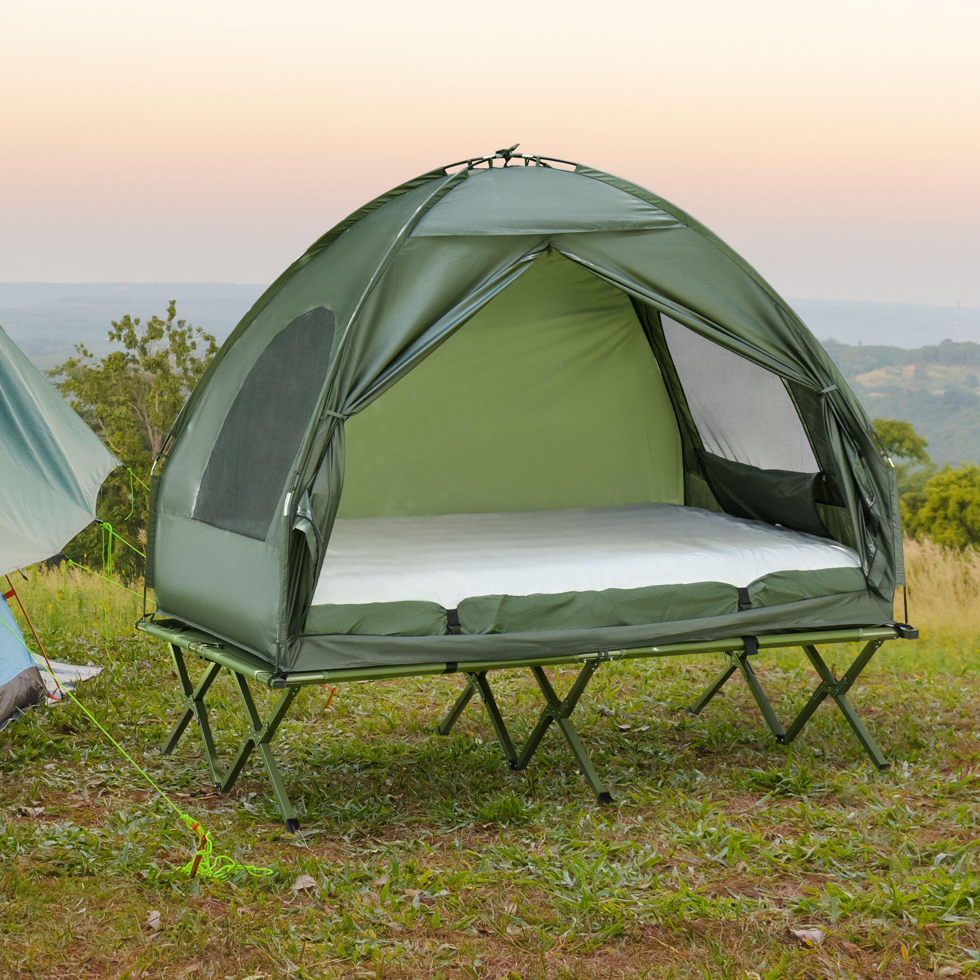 Cama Doble de Camping con Tienda Outsunny 193x145x180 cm Verde 2/8