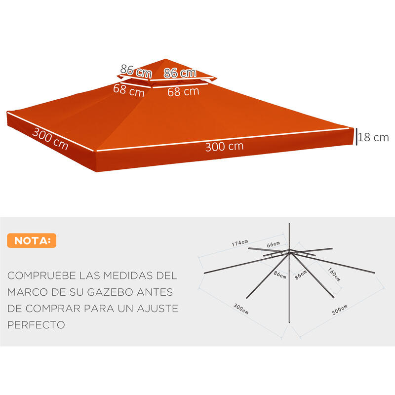 Techo Reemplazo para Carpa eventos deportivos Outsunny 300x300 cm Rojo Óxido