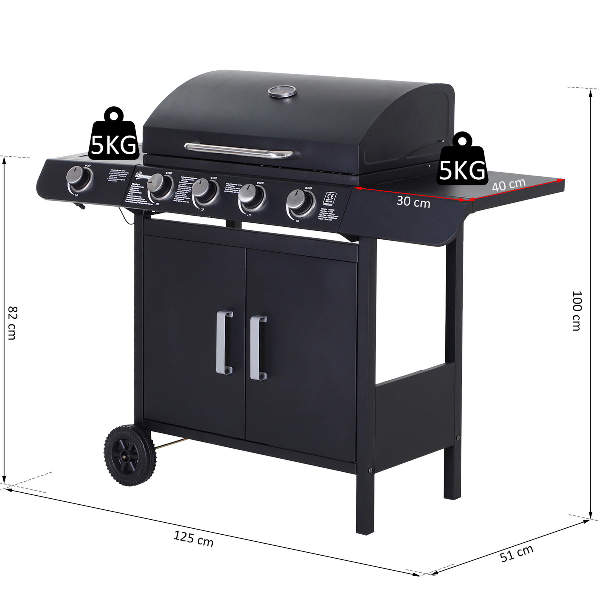 Barbacoa de Gas Outsunny 125x51x100 cm Negro 3/7