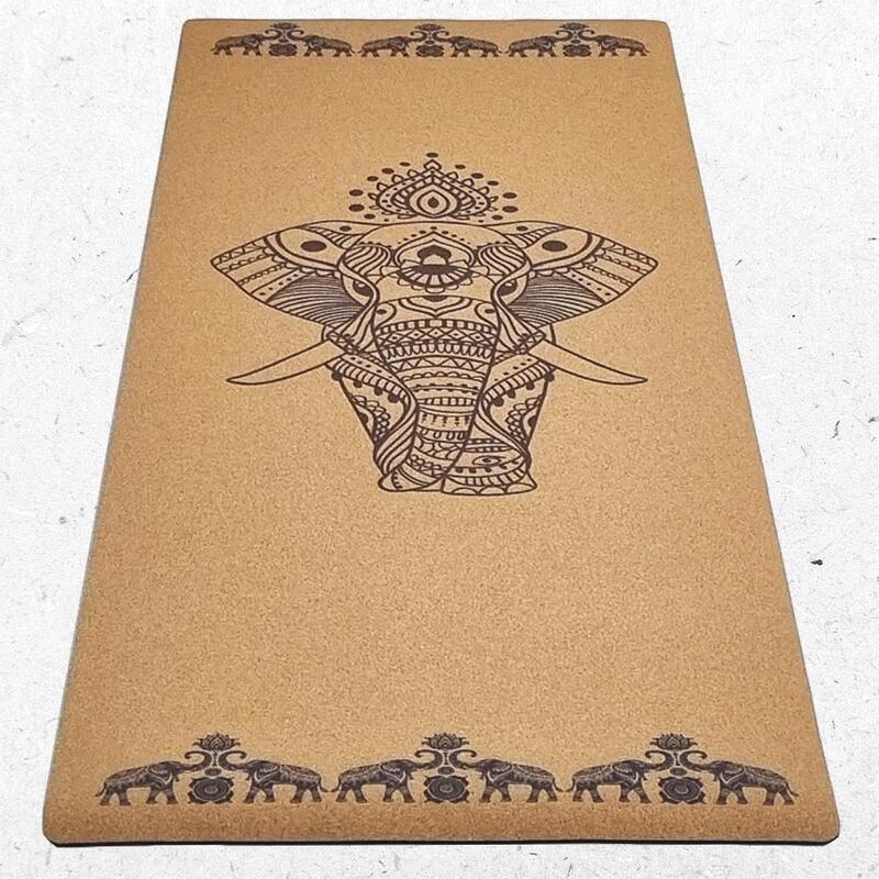 Tapis de yoga gomme caoutchouc & liège 5mmx68cmx1,83m - Eléphants + Sac de yoga