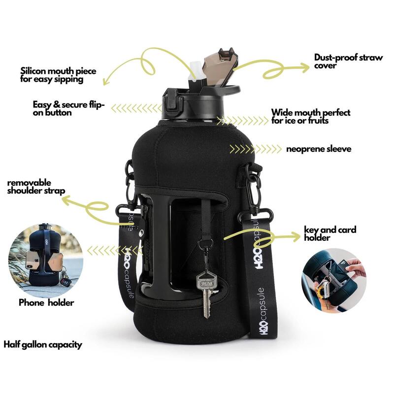 Classic H2O Capsule Half Gallon Water Bottle with Storage Slee 2.2L - Jet Black