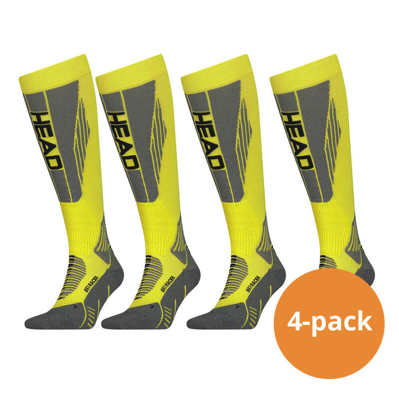 Lote de 4 paires de chaussettes de ski montantes unisexes HEAD Racer Neon Yellow