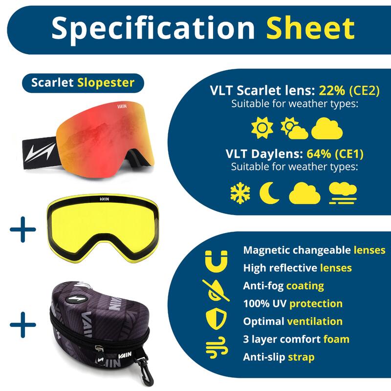 Pack masque de ski Scarlet - anti-buée - UV400 - rouge + lentille jaune