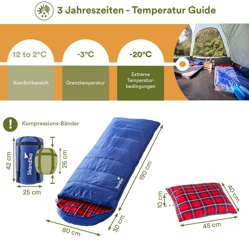 Deckenschlafsack Dundee + Kopfkissen - 3 Jahreszeiten, bis -20°C - 220  x 80 cm