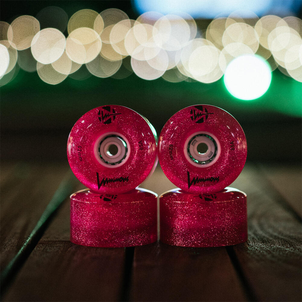 LUMINOUS LED LIGHT UP ROLLER SKATE WHEELS PINK GLITTER 58 MM 97A – SET OF 4 3/5