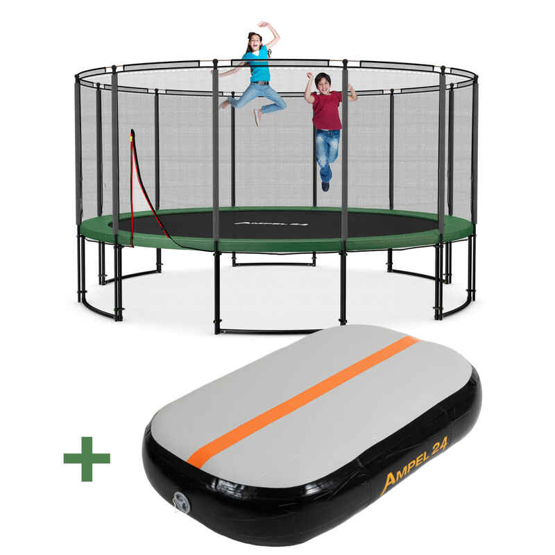 Trampolin Deluxe Ø 490 cm - Grün - rund Sicherheitsnetz Außen + Airtrack Matte