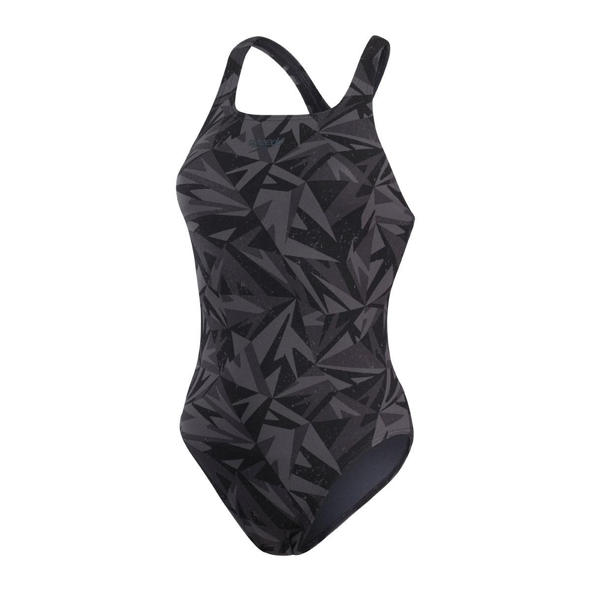 Speedo Women's Boom Logo Allover Medalist Swimsuit - Black/ Grey/ Charcoal 4/7