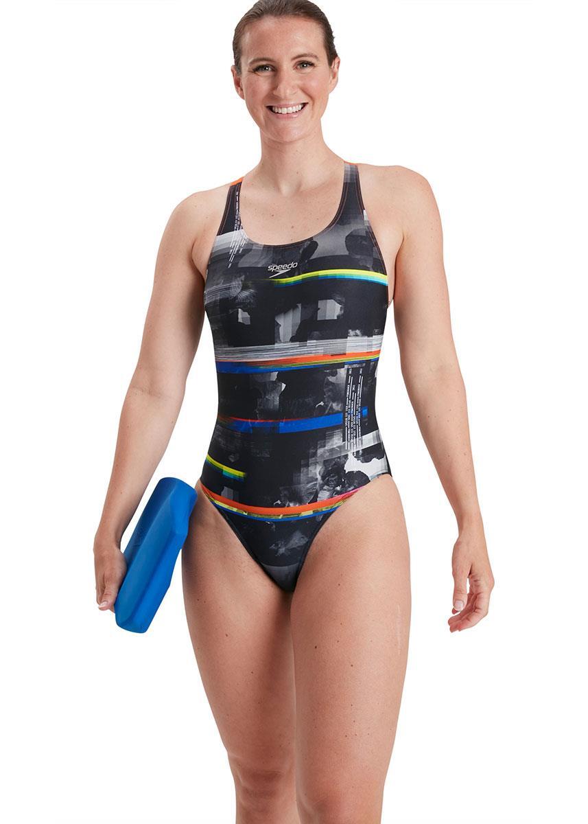 Speedo Women's Placement Digital Powerback Swimsuit - Black/ Salso/ White/ Blue 4/5