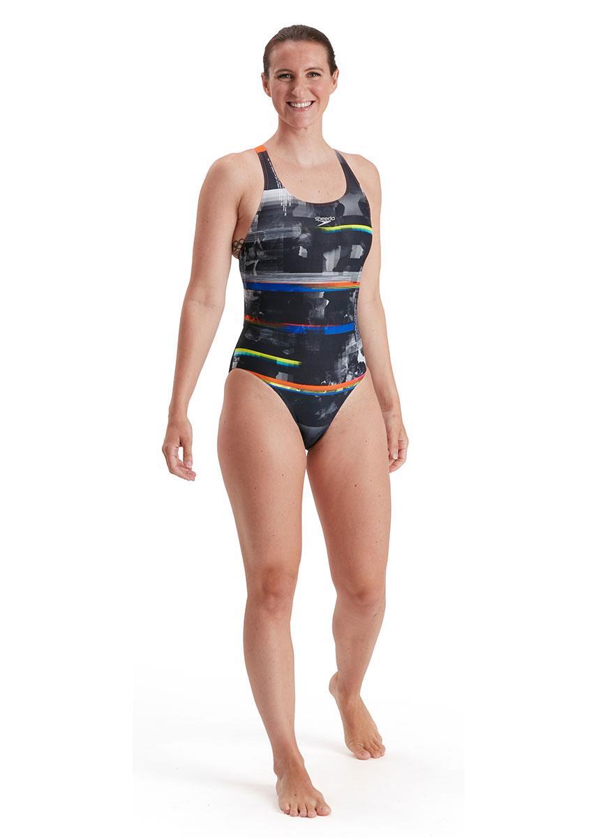 Speedo Women's Placement Digital Powerback Swimsuit - Black/ Salso/ White/ Blue 1/5