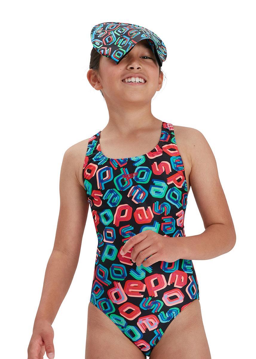Speedo Girl's Digital Allover Leaderback Swimsuit - Black/ Red/ Pink/ Blue 4/5
