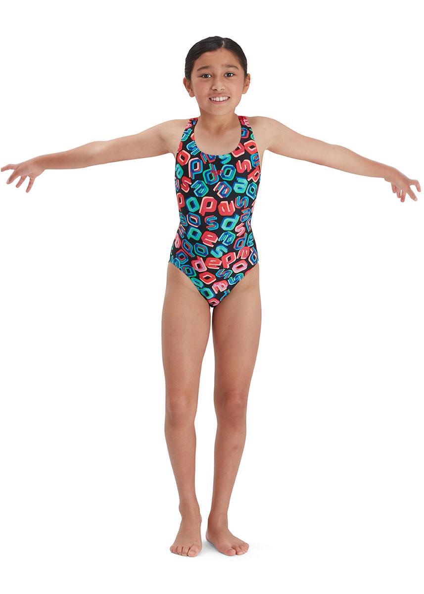 Speedo Girl's Digital Allover Leaderback Swimsuit - Black/ Red/ Pink/ Blue 1/5