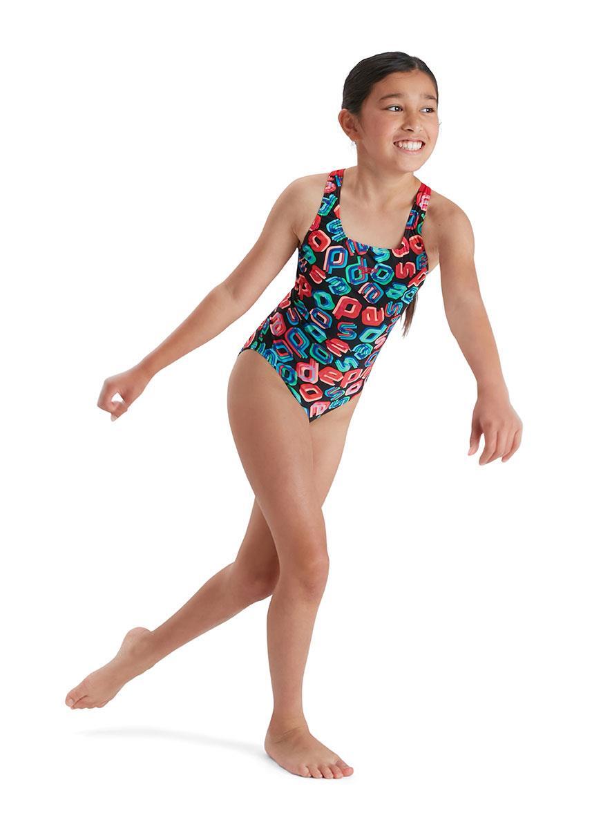 Speedo Girl's Digital Allover Leaderback Swimsuit - Black/ Red/ Pink/ Blue 3/5