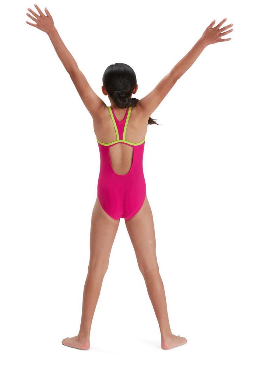 Speedo Girl's Boom Logo Placement Flyback Swimsuit - Electric Pink/ Atomic Lime 2/5