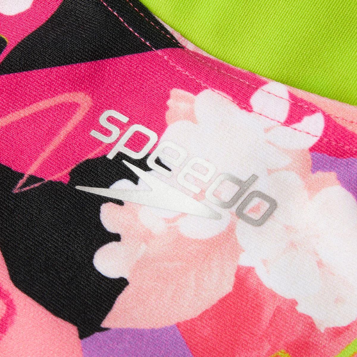 Speedo Girl's Punk Floral Lane Line Back Swimsuit - Pink/ White/ Black/ Lime 5/5