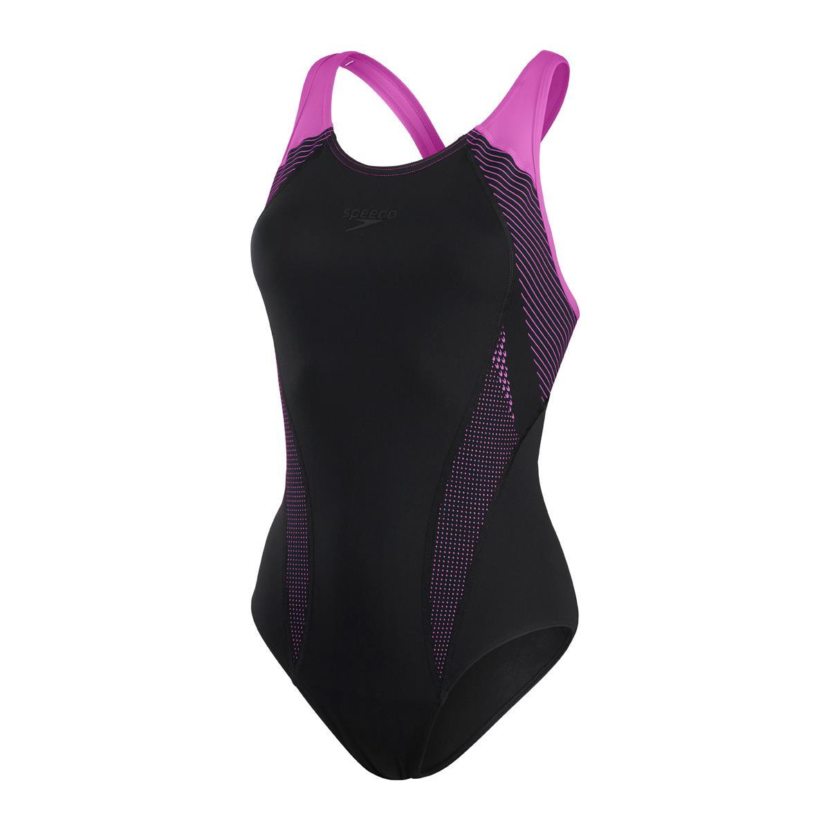 Speedo Dames Plastisol Laneback Badpak - Zwart/Neon Orchidee - Maat 30 3/6
