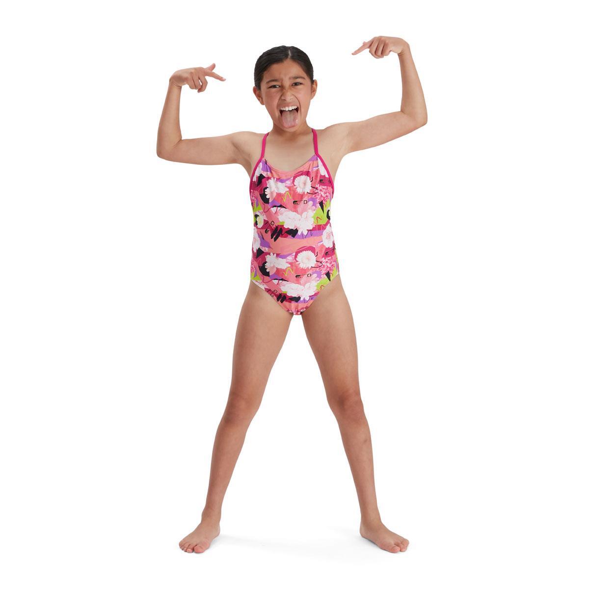 SPEEDO Speedo Girl's Punk Floral Lane Line Back Swimsuit - Pink/ White/ Black/ Lime