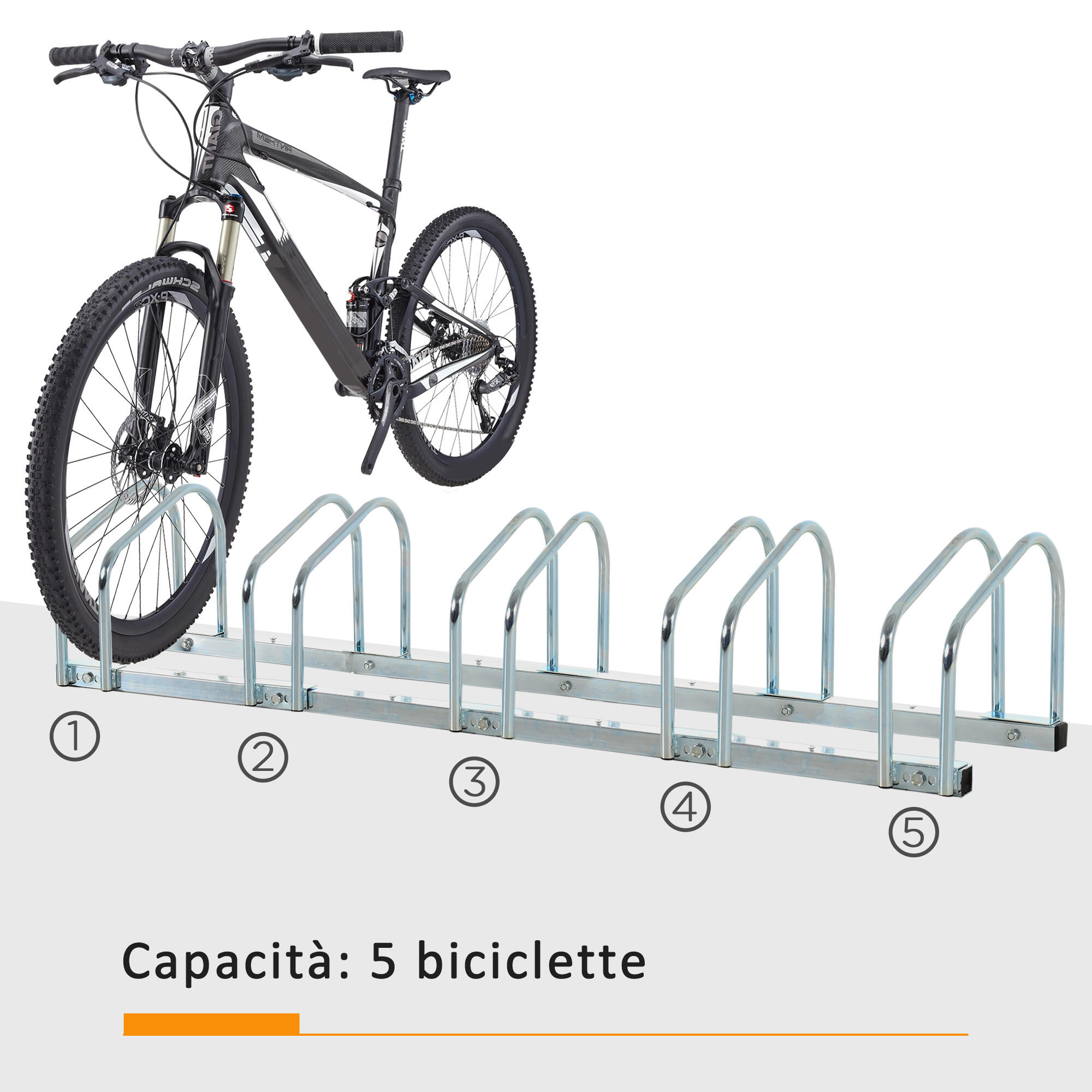 HOMCOM Rastrelliera Portabiciclette per 5 Biciclette, 145×33×27 cm, Argento 4/5