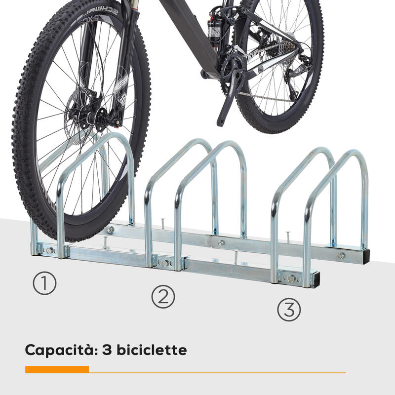 HOMCOM Rastrelliera Portabiciclette per 3 Biciclette, 76x33x27 cm, Argento