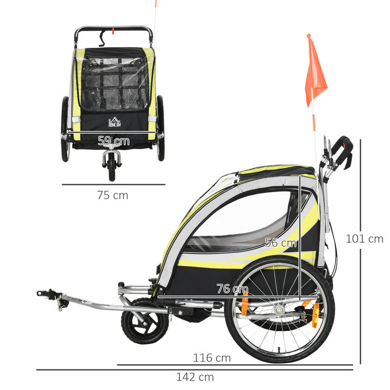 HOMCOM Rimorchio Bici Passeggino per 2 Bambini con Cinture di Sicurezza, Giallo