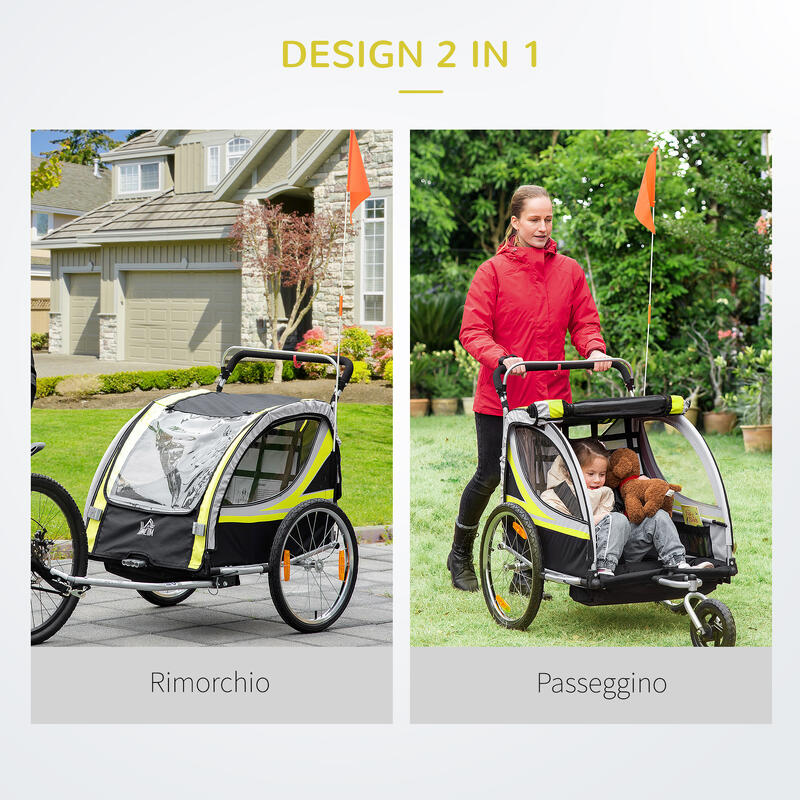 Remorca bicicleta pentru copii 2 in 1, centura in 5 puncte, Galben