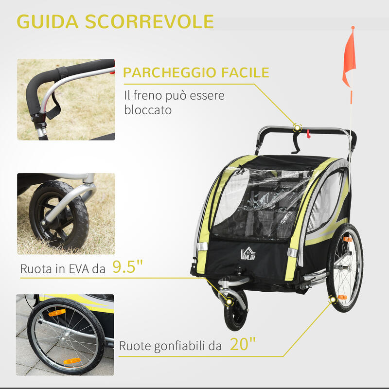 HOMCOM Rimorchio Bici Passeggino per 2 Bambini con Cinture di Sicurezza, Giallo