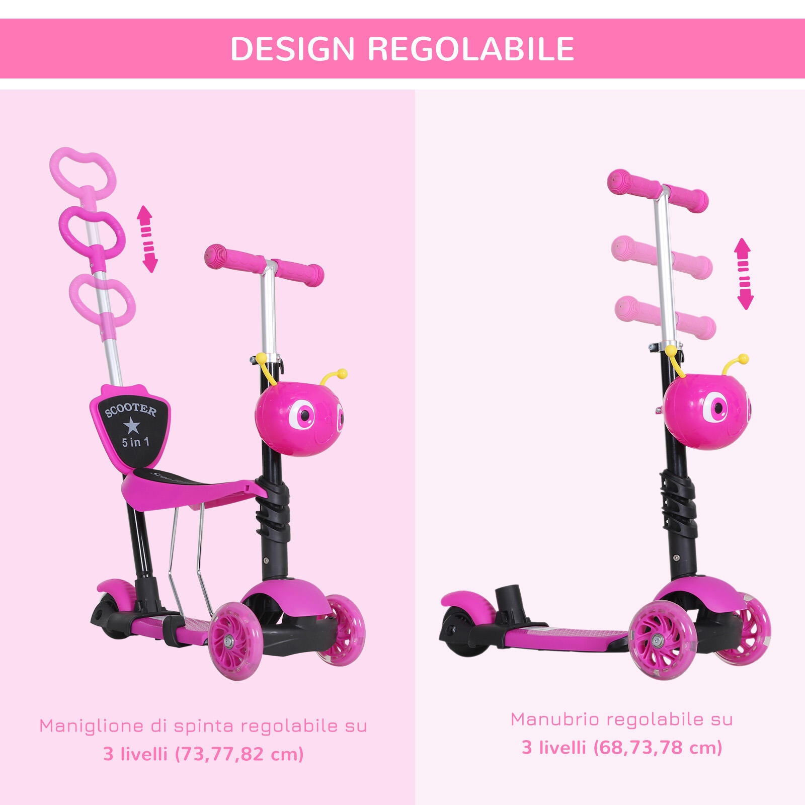 HOMCOM Monopattino 3 Ruote per Bambini Sedile e Maniglione Altezza Regolabile 5/7